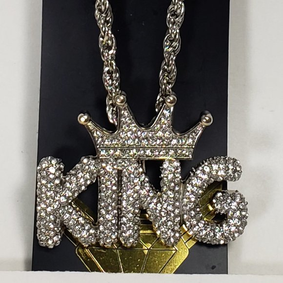 Jewel House Silver tone 30 Inches Chunky Chain Necklace KING Rhinestone Pendant - Picture 7 of 8